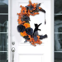 Other Event Party Supplies Moon Cat Wreath With Flowers And Charming Door Decoration Halloween Party Home Decor Decorations For Cat Lovers With Lights 230904