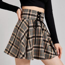 Skirts Vintage Plaid Women Lace up High Waist Swing corset skirt Gothic Punk Style Harajuku Retro Pleated Short 230901