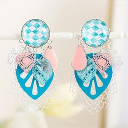 Dangle Earrings Bohemian Leaf Shape Clip On Without Pierced Elegant Cuff Ear Blue Statement Jewellery