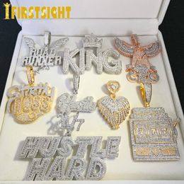 Pendant Necklaces Iced Out Bling CZ Letter Hustle Hard Rich Lucky Pendant Necklace 5A Zircon Badge Fluorescence Charms Men Hip Hop Jewellery 230901