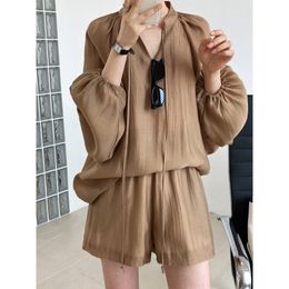 Women's Two Piece Pants Lace Up Long Sleeve Sunscreen Shirts Tops and Wide Leg Shorts Khaki White Black Summer Tracksuit Women Two Piece Set 230901