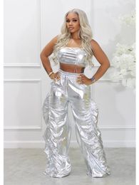 Women's Two Piece Pants Summer Outfits Clothes Streetwear Gold Silver 2 Pieces Sets Women Outfit 2023 Strapless Crop Tops Baggy Ruched Suits