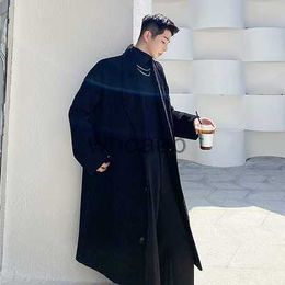 Women's Wool Blends In Winter South Korea's INS trend is extremely simple pure black wool coat men's loose retro thickened suiting trench coat HKD230904