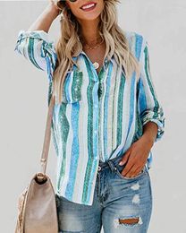 Women's Blouses Womens V Neck Striped Button Down Collared Roll Up Sleeve Casual Tunic Shirt Blouse Tops