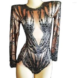 Stage Wear Sparkly Rhinestones Women Long Sleeve Bodysuits Prom Party Birthday Celebrate One-Piece Dance Nightclub Costumes