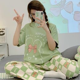 Women's Sleepwear CartoonFashion Print Cotton Pyjamas Set Korean Home Clothes Women Summer Short Sleeved Long Pants Loungewear