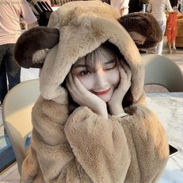Women's Fur Autumn Winter 2023 Korean Style Cute Student Hooded Bear Ear Plush Coat Women Faux Lamb Top Kawaii Japan Girl