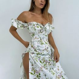 Summer Floral Off Shoulder Puff Sleeve Maxi Dress For Woman Robe Sexy Lace Up Side Split Chic Mid-Calf Aesthetic Dress Fashion Pleated Plus Size