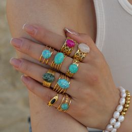 Wedding Rings Bohemian Multicolour Natural Stone Ring Boho Multilayer Stainless Steel Pink Opal Ring Wed Vintage Jewellery Accessories 230901