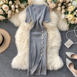 Casual Dresses 2023 Women's Korean Simple Solid Colour Breasted Slim-fit Short Sleeve Knitted Split Buttock Dress