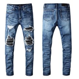 luxury solid classic mens jeans arrival designer fashion stitching leather biker ripped jeans distressed pants zebra stripes top q296W