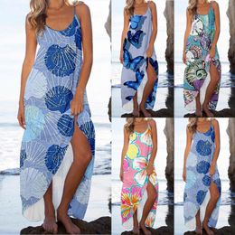 Casual Dresses Women Summer Sexy Scoop Neck Beach Long Dress Ocean Wind Flower Print