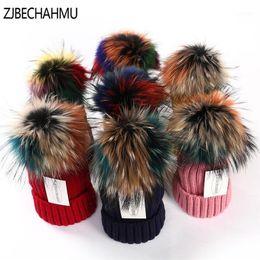 ZJBECHAHMU Hats Winter Real Fur Pompoms 15cm Hat Warm Skullies Beanies Hat Caps Women Girl Fashion Colorful Raccoon 2020 New1208p