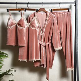 Women's Sleepwear Female Lounge Wear Lace Trim Nightgown Sexy Pink Pajamas Four Piece Set Velour Homewear Autumn Winter Lingerie