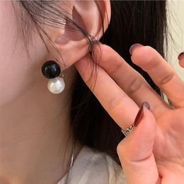 Stud Earrings Style Silver Needle Temperament Black And White Pearl Two Wear Minority Design Sense Simple Earrings.