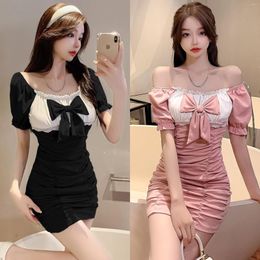 Casual Dresses Dress Sexy Bow Spliced Tight Fold Wrapped Hip Short Sleeve