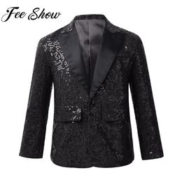 Jackets Kids Boys Fashion Shiny Sequins Lapel Suit One Button Jacket Coat Blazer Tuxedo for Wedding Birthday Party Stage Performance 230904