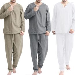 Men's Sleepwear 2pcs/Set Pajama Sets Men Solid Color Long Slve Pullovers Top Elastic Waist Pant Pijamas Male Slpwear Nightwear Pyjama Homme