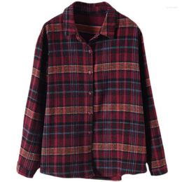 Women's Blouses Autumn Casual Plaid Shirt Blouse Women Single-breasted College Retro Long-sleeved Cardigan Shirt.