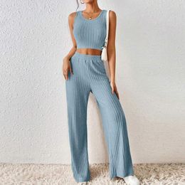 Women's Two Piece Pants Crew Neck Elastic Waist Ladies 2 Set Casual Women Sleeveless Crop Top Pant Solid Colour Loose Fit Daily Outfit