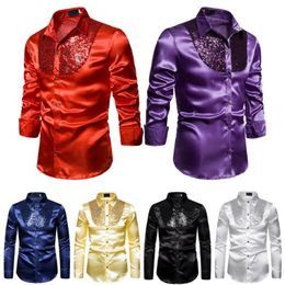 Stylish White Silk Satin Shirt Men Chemise Homme 2020 Casual Long Sleeve Slim Fit Mens Dress Shirts Business Wedding Male Shirt269N