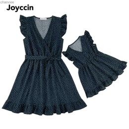 Basic Casual Dresses Joyccin Mother Kids Cross Wrap V-neck Clothing Ruffle Flutter-sleeve Family Matching Outfits All Over Dots Boho Vacation Dresses LST230904