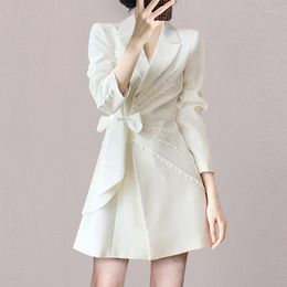 Women's Suits Korean Fashion Woman Blazer Coats White Dress Autumn Lace-Up Slim Notched Long Blazers Mini Dresses For Jacket Women