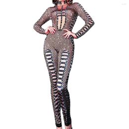 Stage Wear Rhinestones Sequins Plaid Printing Jumpsuit Black Mesh Gauze Bodycon Sexy Nightclub Dance Show Party Evening Costume