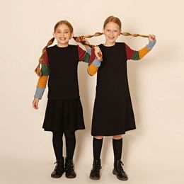 Abiti per ragazze abiti maniche colorate set autunno-inverno girocollo abbigliamento per bambini abbigliamento per bambini vestito per ragazza in cotone con manica waffle 230901