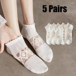 Women Socks 5Pairs Crystal Filament Summer Thin Hollow Cool Breathable Flowers White Invisible Boat Mesh Ultra-thin Sock