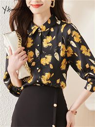 Women's Blouses Yitimuceng Print Shirts For Women 2023 Fashion Office Ladies Long Sleeve Button Up Blouse Vintage Casual Turn Down Collar