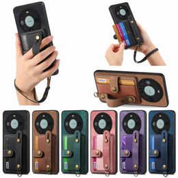 Retro Lanyard Design Wallet Leather Case For Huawei Mate 60 Pro Wrist Strap Protective Stand Shell