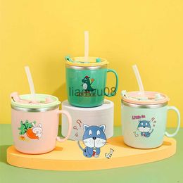 Cups Dishes Utensils 280ml Dinosaur Baby Feeding Cup Stainless Steel Thermos Straw Cup Children's Milk Cup AntiHot Leakproof Toddler Water Bottle x0904