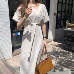 Casual Dresses Simple Design Sense Solid Colour Round Neck Short-sleeved Dress Chic Summer Personality Lace-up Elegant Temperament