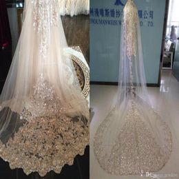 Newest Shiny Wedding Veils Sequins Appliqued Single Layer Champagne White Ivory 3M Length Bridal Veil Custom Made Long Head Dresse261l