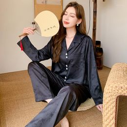 Women's Sleepwear QSROCIO Pyjamas Spring Summer Imitation Silk Bamboo Leaf Jacquard Long-sleeved Trousers Cardigan Suit Home Clothes