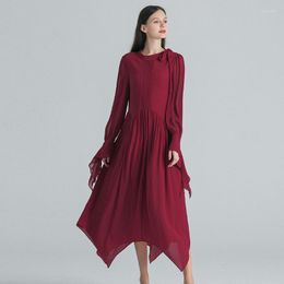 Casual Dresses Jujube Mulberry Silk Lace Up Stand Collar Flare Long Sleeve Women Loose Waist Pointed Dress Autumn AE1758