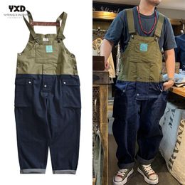 New mens cotton multi-pocket splice loose overalls man streetwear jeans men casual trousers suspenders pants jumpsuits coveralls225n