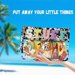 Towel Embroidered Letter Sticker Waterproof Makeup Bag Transparent Outdoor Travel Storage PVC Zipper Bag