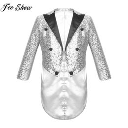 Jackets Kids Boys Long Sleeve Sequin Blazer Tuxedo Coat Gentleman Suit Prince Cosplay Magic Circus Shows Dancing Performance Costume 230904