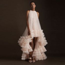 High Low Tulle Women Party Dresses Tiered Bottom Beach Party Wear Tulle Robe Sexy Female Black Girls Birthday Prom Dress
