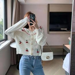 Women's Sweaters 2023 ASutumn Style Cherry Hollow Fashion Design Sweater Cardigan Women Thin White Short Knitted Top