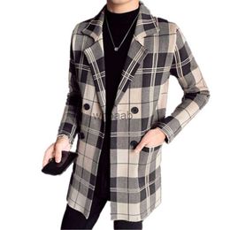 Women's Wool Blends 2023 Men Turn Down Collar Wool Knit Sweater Trench Coat / Male Double Breasted Fit Woollen Plaid Casual Long Windbreaker Jacket HKD230904