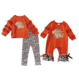 Family Matching Outfits Girlymax Halloween Thanksgiving Fall Vibes Sibling Baby Girls Pants Set Ruffles Romper Pumpkin Leopard Kids Clothes 230901