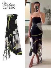 Basic Casual Dresses Gaun asimetris Tulle motif elegan gaun panjang lurus Off Shoulder berlipat wanita pesta tanpa tali Vestido baru musim panas 2023 230904