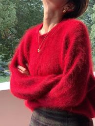 Women's Sweaters French Year Red Round Neck Loose And Lazy Style Long Sleeve Soft Waxy Mink Fleece Sweater Thick W266