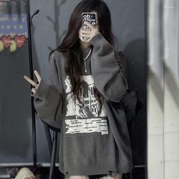 Women's Sweaters Grunge Gothic Grey Sweater Women Harajuku Hollow Out Graphic Jumper Oversize Retro Streetwear Pullover Knitted Top Punk