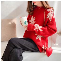 Women's Sweaters Maple Christmas Sweater For Women Autumn Winter 2023 Chinese Year Red Pullover Loose And Lazy Leaf Knitted Top