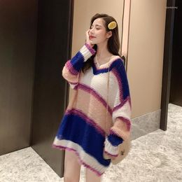 Women's Sweaters Women Loose Top Autumn Temperament V-neck Striped Hollow Long-sleeved Mohair Sweater Blouse