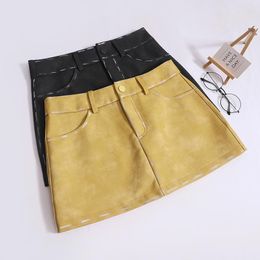 Skirts Autumn PU Leather Skirt Women High Waist Solid Color Straight Half Body Dress Sexy Retro Slim Zipper Pocket Short